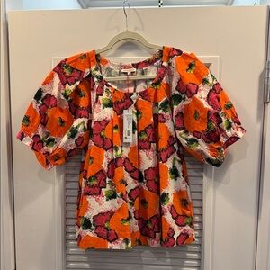 Frances Valentine Orange, Pink & Green Floral Puff-Sleeve Top